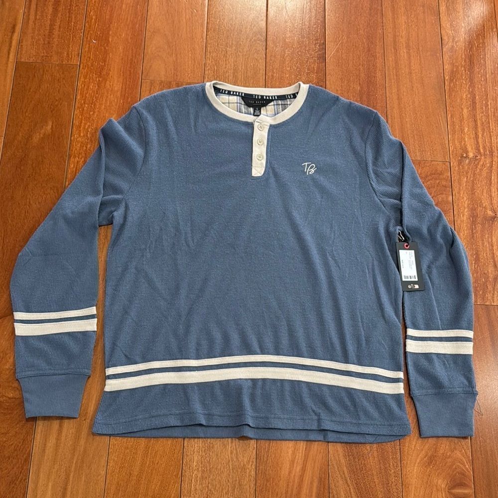NWT Ted Baker Men’s Micro Waffle Blue Long‎ Sleeve Henley Size L